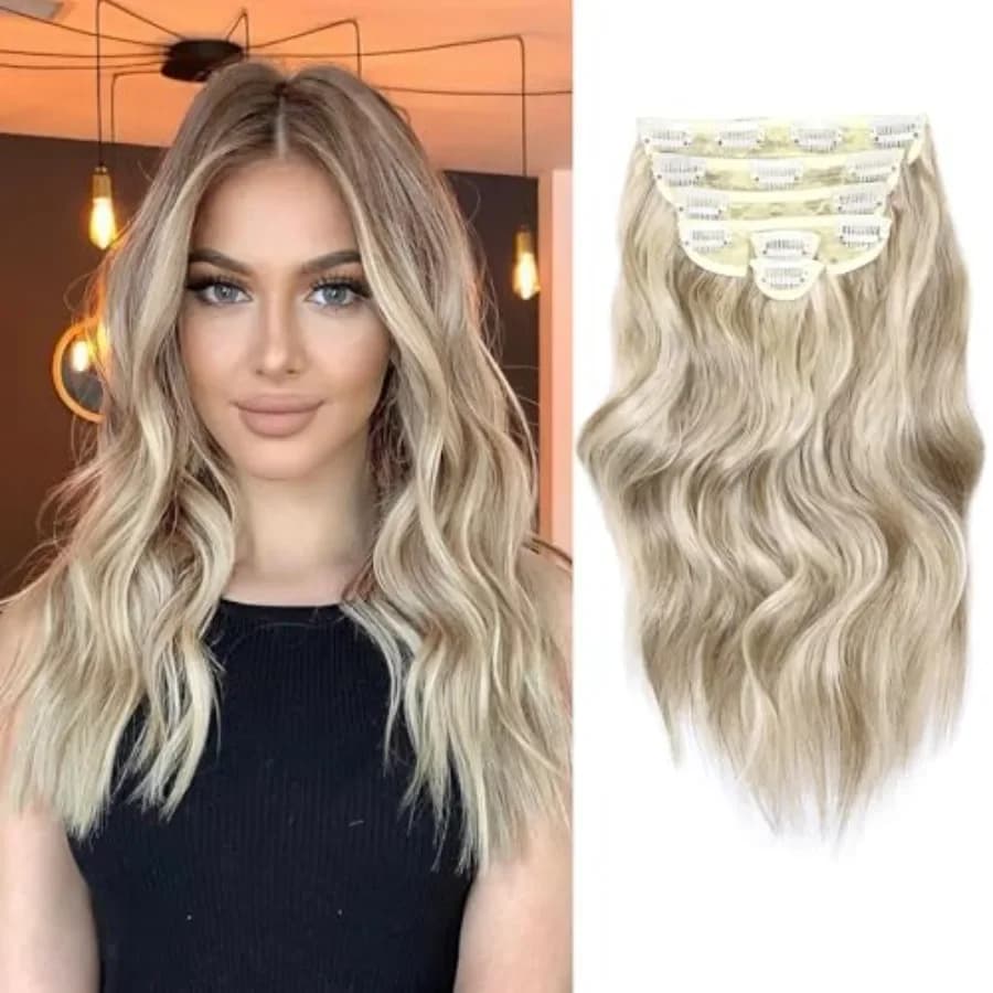 Clip in Hair Extensions for Women 14 Inch Short Wavy Curly Ash Brown Mix Platinum Blonde Hair Extension 6PCS Synthetic Hair Ext
