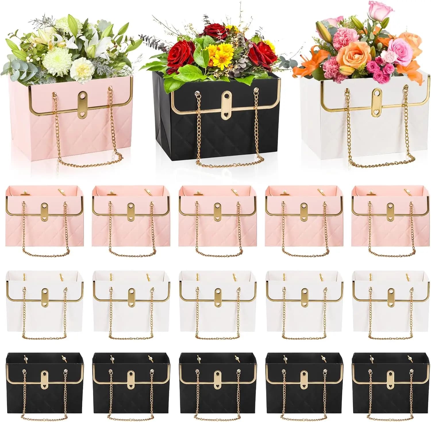 Pack of 15 Bags Gift for Flowers with Metal Chain, Portable Bouquet Bag for Weddings, Valentine's Day, Birthday Floral Compositions