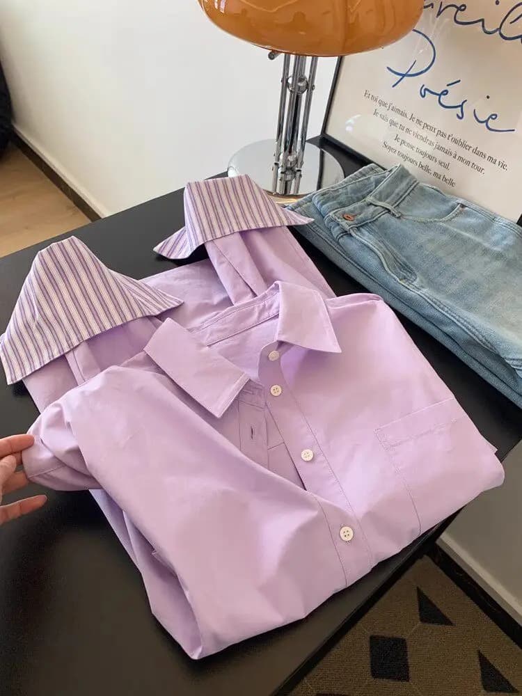 Spring New Purple Thin Sun Protection Shirt Coat Women's Long Sleeve Ladies' Blouse Top Korean Style Loose Fit Button Detail