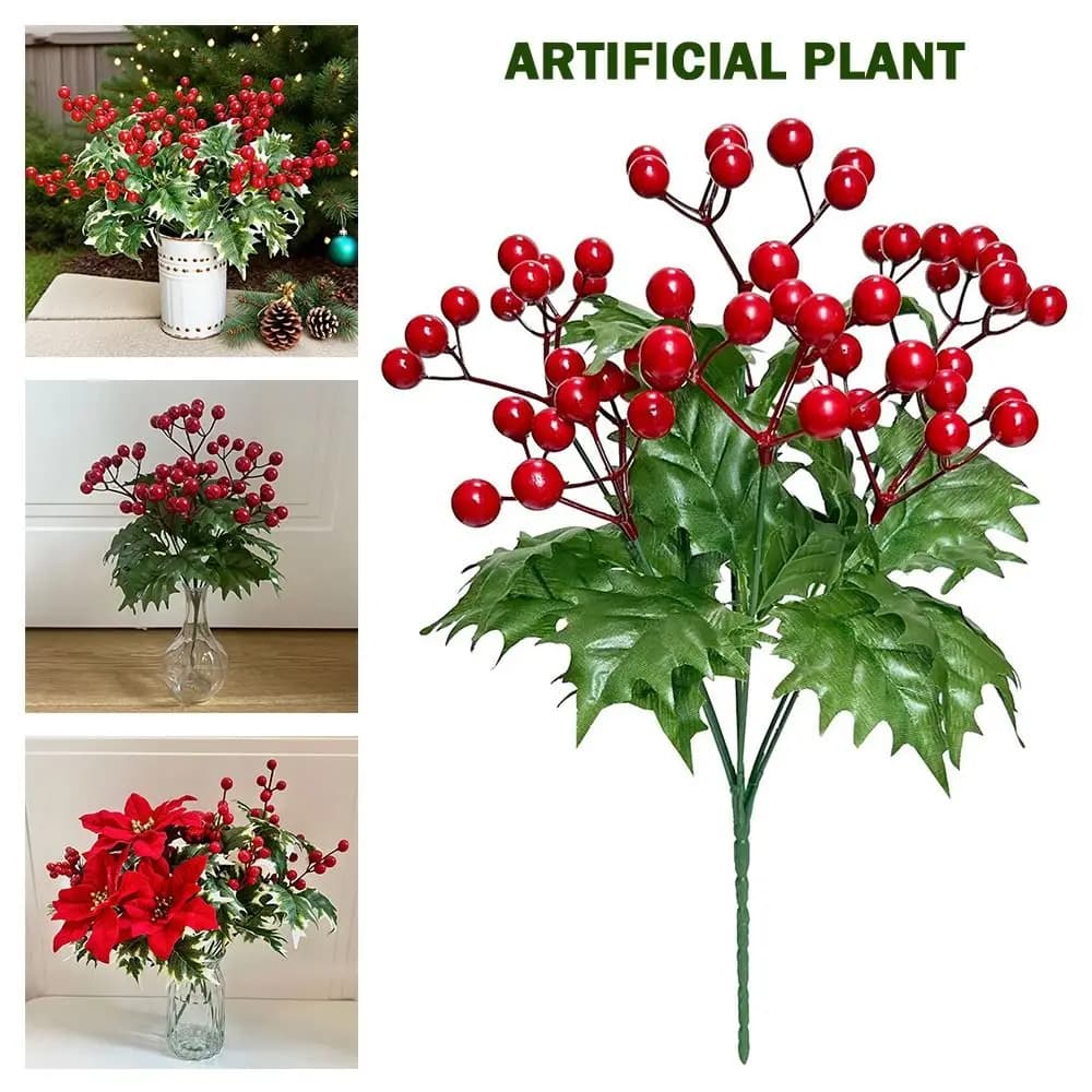 7 branches of artificial Christmas berry leaves green agrifoam Christmas decorations red berries artificial plant for desktop