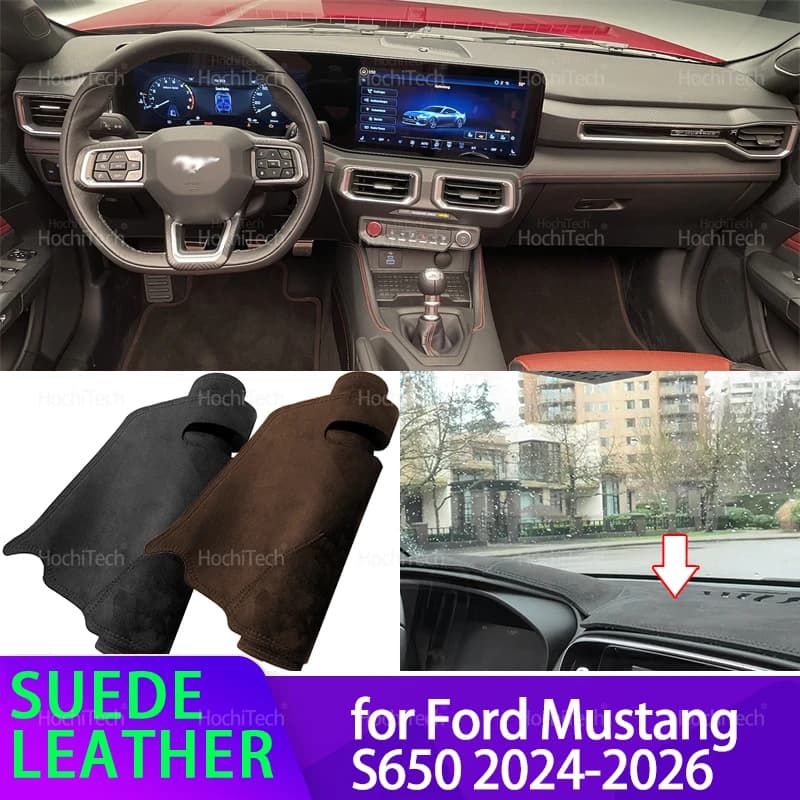 Per Ford Mustang MK7 S650 2024-2026 Auto Dash Zerbino In Pelle Nera/Marrone Cruscotto Copertura In Pelle Scamosciata Dash Zerbino Pad Parasole Accessori