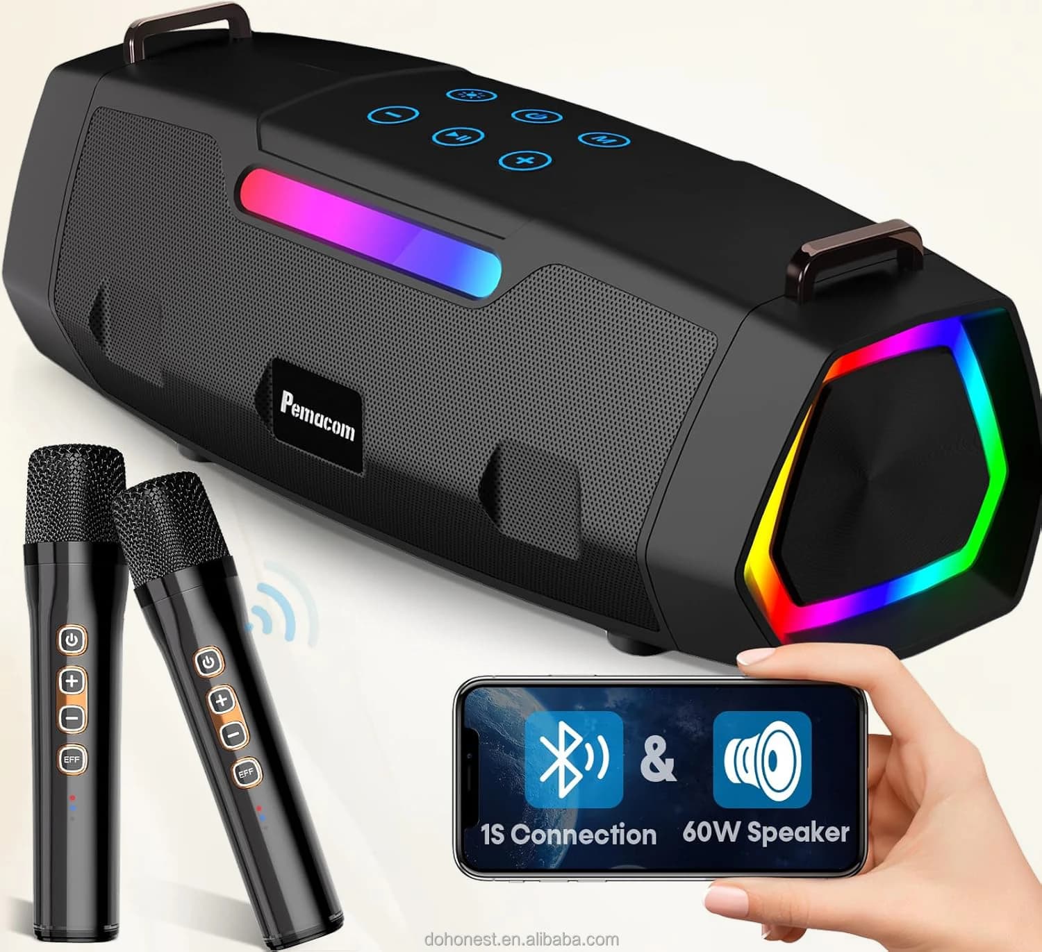 Potenti altoparlanti da 60 W con illuminazione RGB e spallacci, macchina per karaoke portatile - con 2 microfoni wireless