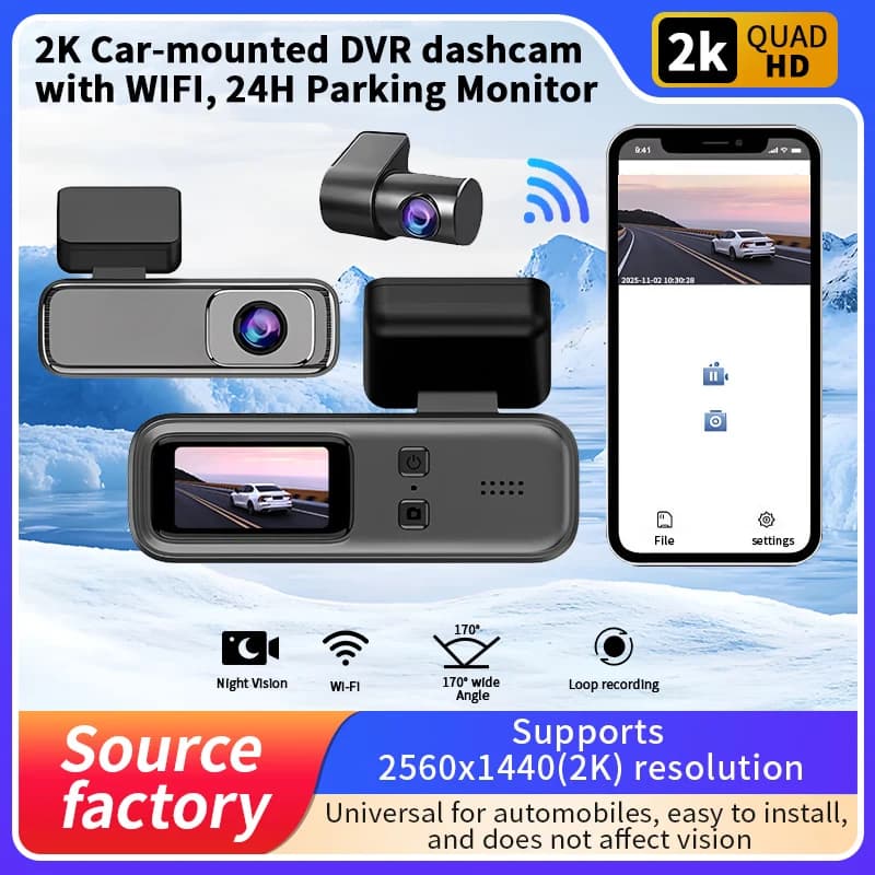 Dashcam DVR 2K car-mounted with WIFI, 24-hour parking monitor, supports resolution 2560x1440 (2K), night vision, loop recording
