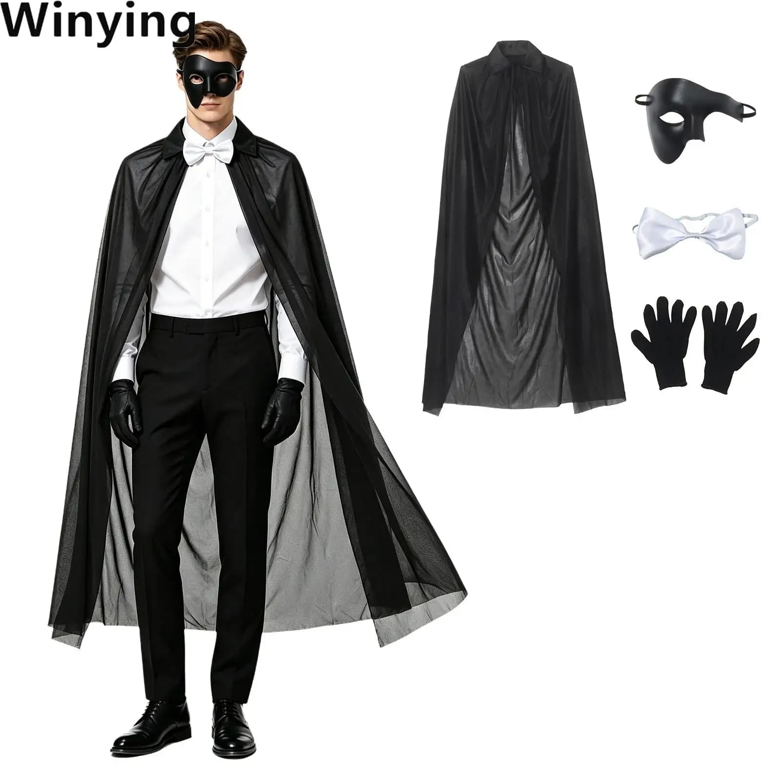 4 Pcs Gothic Magician Dress Up Set Half Face Mask Bowtie Cape And Gloves Costume Outfit for Halloween Cosplay Party