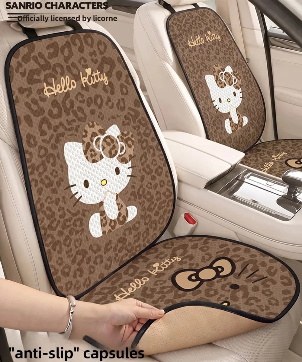 Hello Kitty Leopard Print Car Seat Cushion Universal Non‑Slip Breathable Auto Seat Pad Cute Women Car Interior Accessories