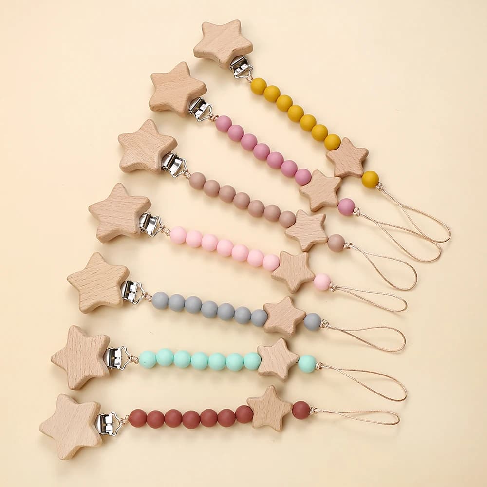 Porta ciuccio per bambini in faggio Clip in legno Stella a cinque punte Catena per dentizione rotonda in silicone colorato per catena fittizia per placare il bambino