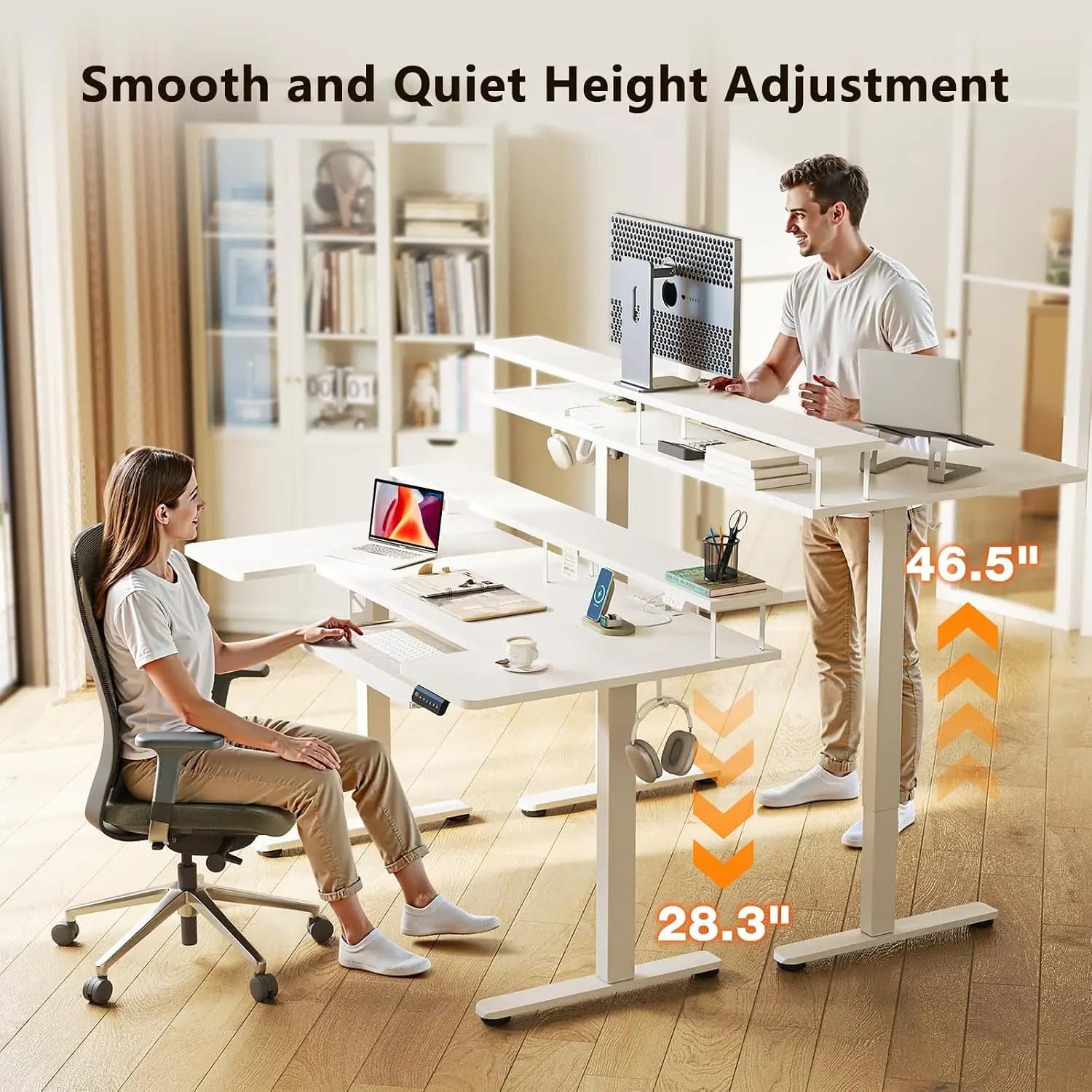 U Shaped Electric Standing Desk With Keyboard Tray & Power Outlets USB Ports & Dual Monitor Stand For Home Office 55", Custom
