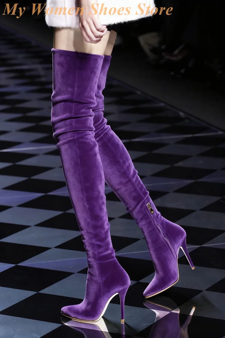 High Thigh Boots in Thin Suede Leather Hinge Pine Hinge Slim High Heel Hot Toe Over Knee Elegant Handmade Women's Shoes