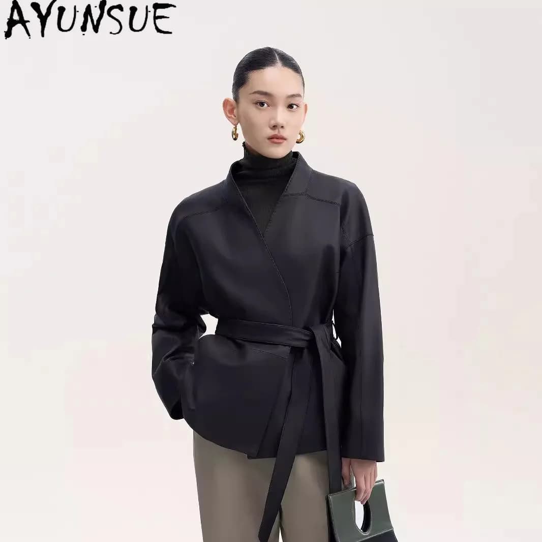 AYUNSUE Real Leather Jacket Woman Clothing Autumn Womens Coats 2026 Belt 100% Top Layer Sheepskin Streetwear Casaco Feminino
