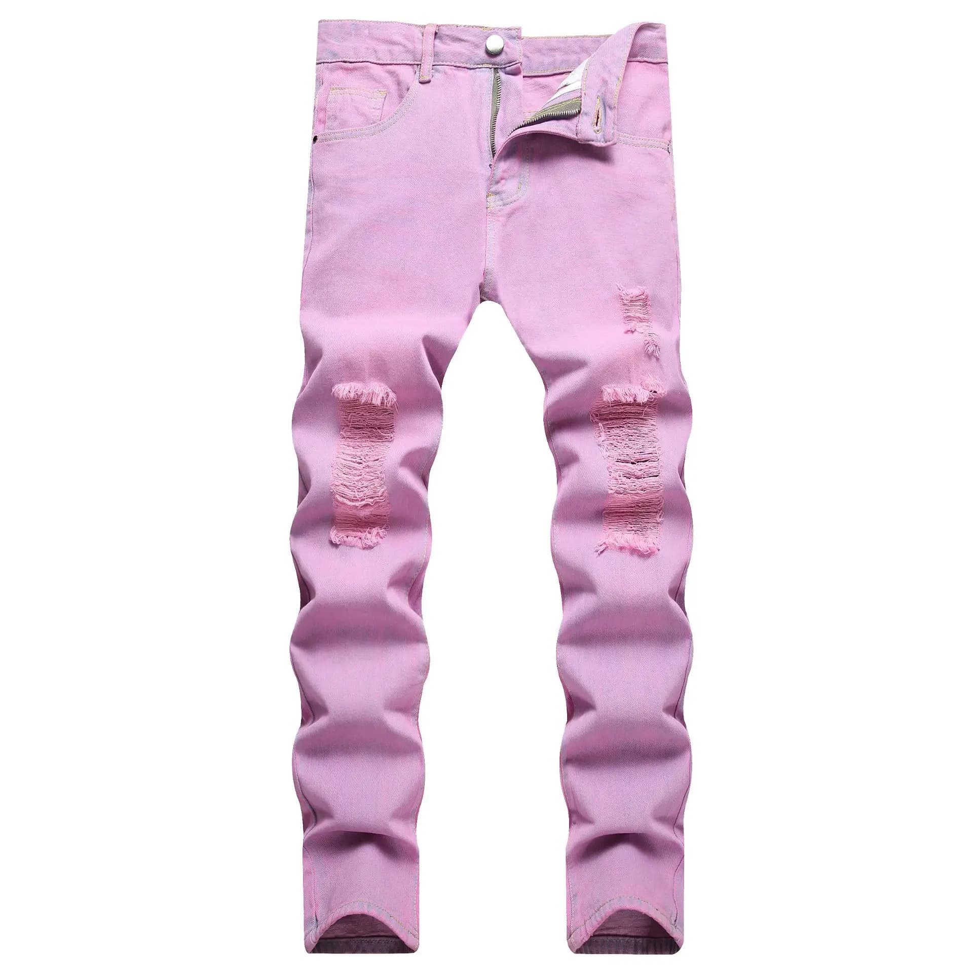 Men's Fashionable Pink Slim Fit Straight Leg Jeans No Stretch Hole Design European And American Style Long Pants