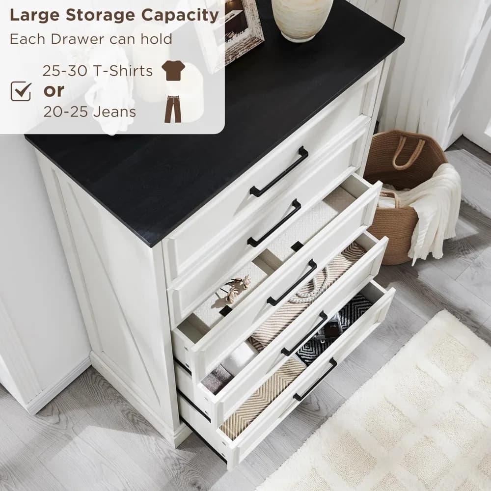 Cassettiera Alta a 5 Cassetti Stile Rustico per Camera da Letto, in Legno con Ampia Maniglia in Metallo, Bianco Naturale