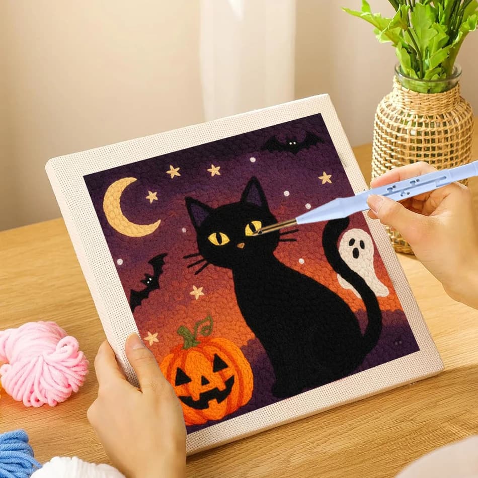 Halloween Black Cat Embroidery Punch Needle Starter Kit DIY Kit DIY Embroidery Kit Needle Art Handmade Yarn Craft Home Decor