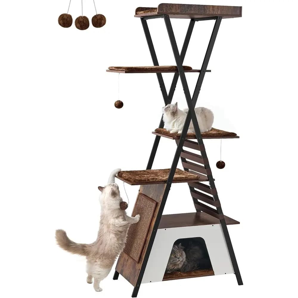 Torre per Gatti a 72 Livelli con Grotte, Albero, Tiragraffi, Posatoio in Legno, Cuscini Rimovibili in Marrone Rustico