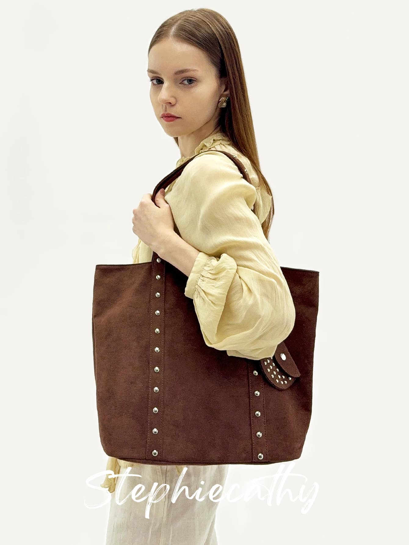 Women's Designer Faux Suede Fabric Tote Zipper Closure Luxury Rivets Decoration Large Capacity Laptop Shoulder Handbag Commute
