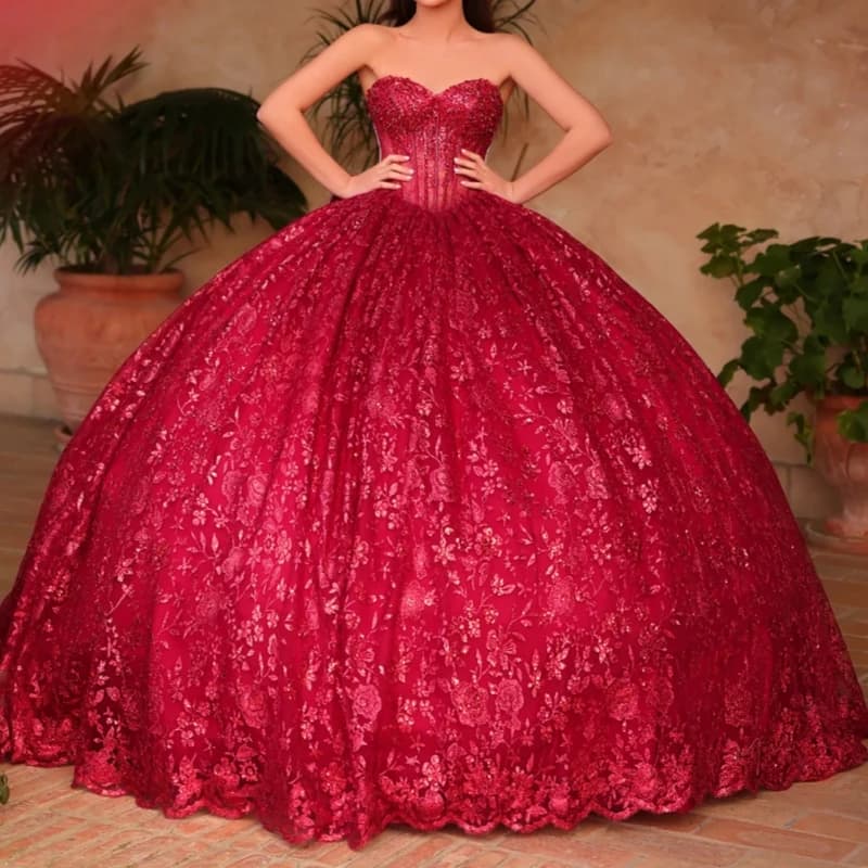 Rosso lucido Abiti stile Quinceanera Abito da ballo con spalle scoperte Paillettes Applique Perline in pizzo Tull Sweet 16 Dress Abiti 15 De Anos