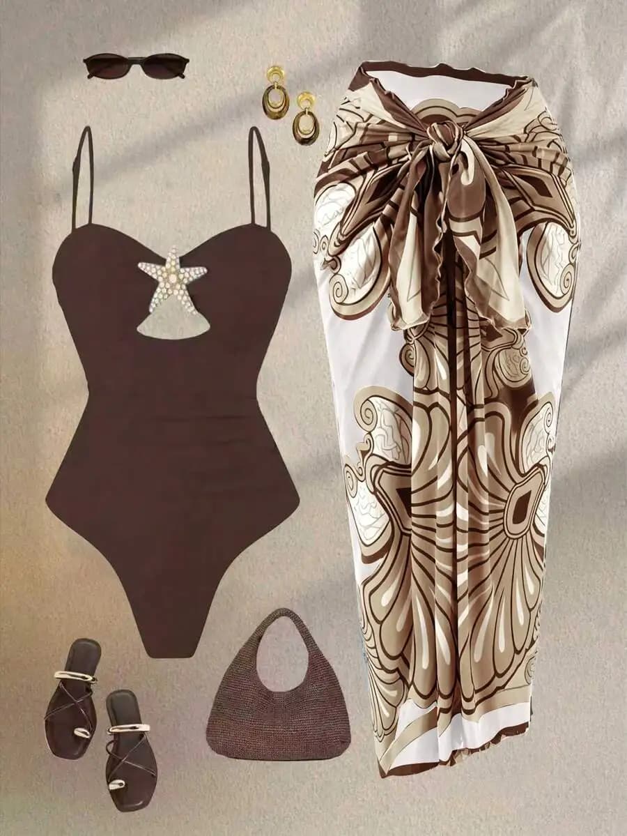 Womens One-Piece Swimsuit With Starfish Cutout And Tie-Up Maxi Skirt Set