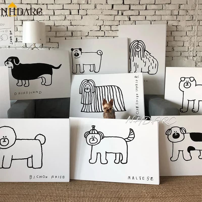 Wall Art Canvas Print Painting Poster Picture Black White Cute Animal Puppy Dog Modern Nordic coreano Living Room Home Decor