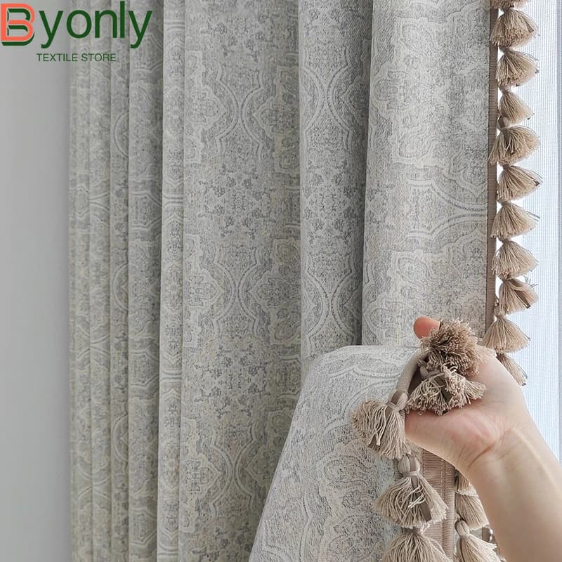American Retro Grey White Wool Jacquard Chenille Thickened Curtains for Living Room Bedroom Balcony French Window Customized