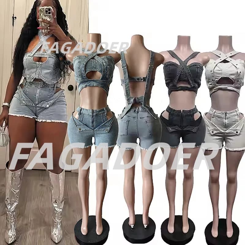 FAGADOER Estate Nuovo Denim Sexy 2 Pezzi Set Donna Outfit Y2k Streetwear Spaghetti Strap Senza Maniche Crop Top e Pantaloncini Vestito