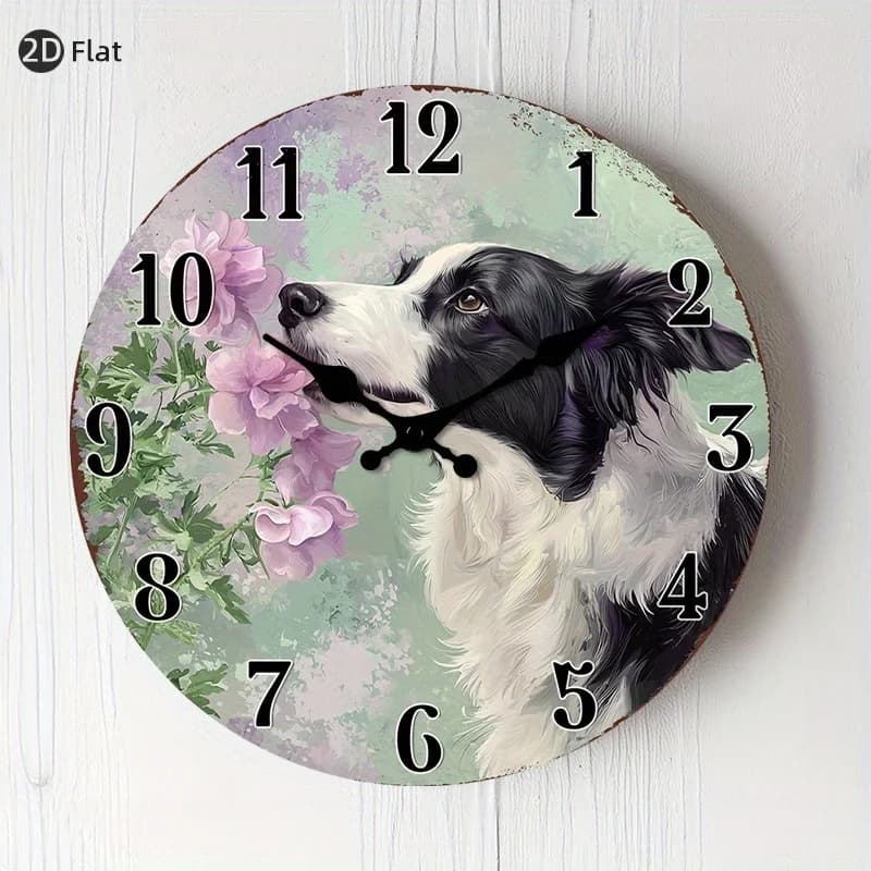 Orologio da Parete 2D Piatto in PVC Senza Ticchettio con Design Border Collie e Fiori Rosa, Orologio Circolare 2D per Casa e Ufficio