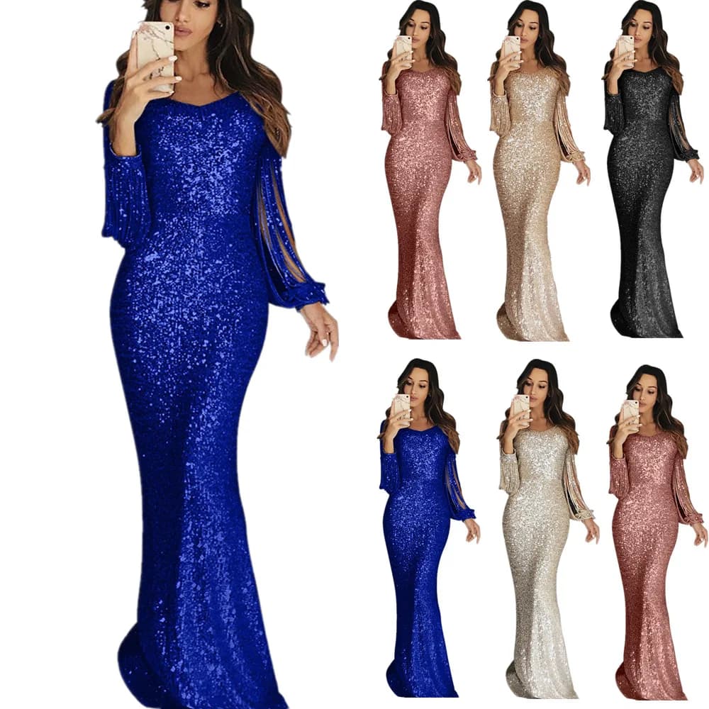 2024 European and American women's cross-border long long-sleeved fringe dresses