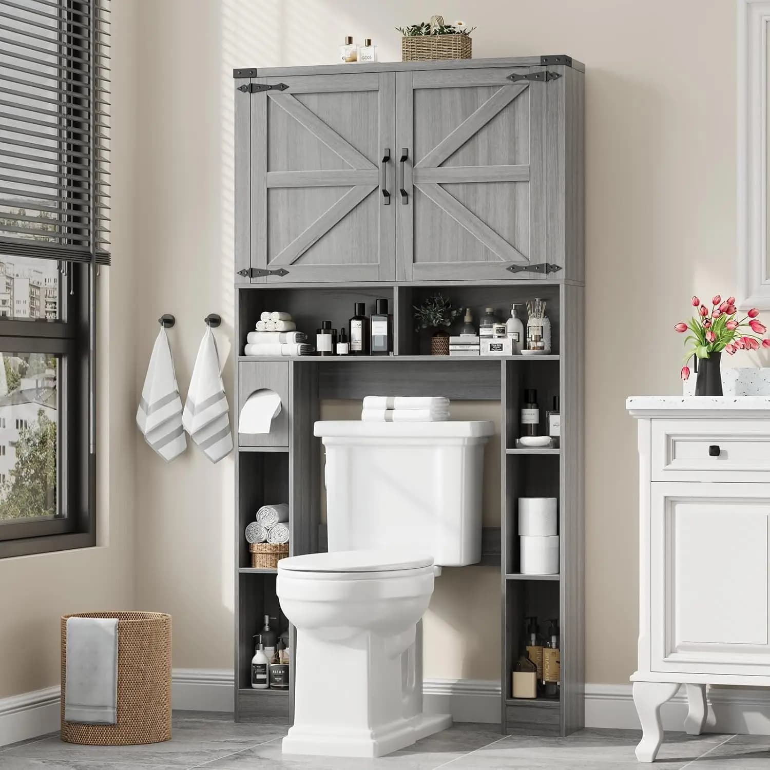 Mobiletto Salvaspazio da Bagno Sopra il WC con Ante Scorrevoli e Portarotolo, Grigio, Personalizzabile