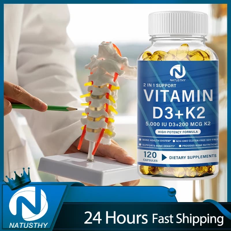 Vitamin D3 K2 5000 IU, (125mcg) D3 + 200mcg K2 MK7 - Immune support supplement for daily defense, bone health, muscles and skin