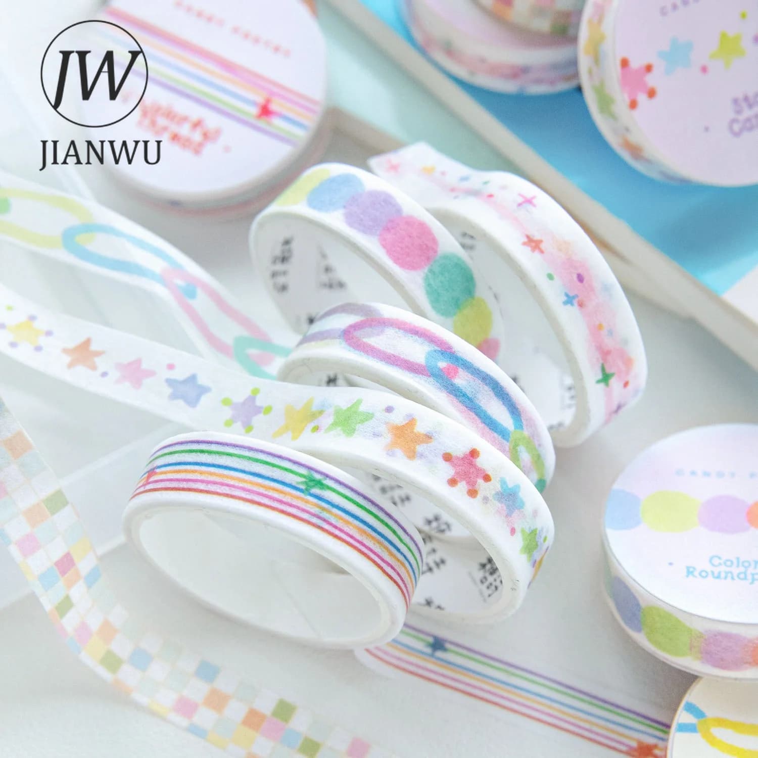 JIANWU 10mm*200cm Colorful Dots Star Line Landscape Material Collage Scrapbooking Washi Tape Creative DIY Journal Stationery