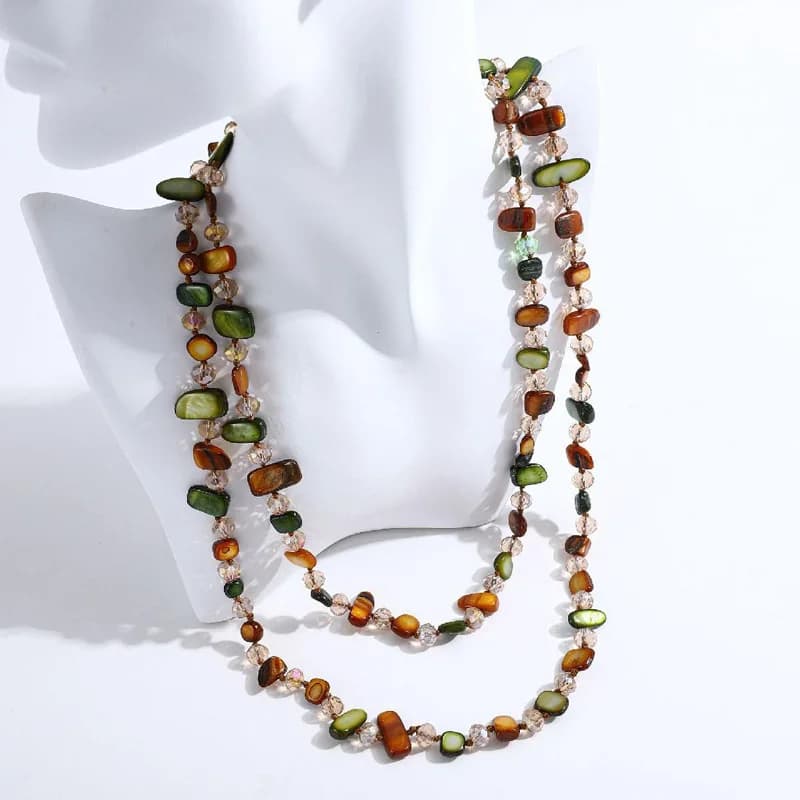 Bohemian Multicolor Irregular Natural Stone Shell Crystal Glass Beaded Long Sweater Chain Handmade Statement Necklace For Women