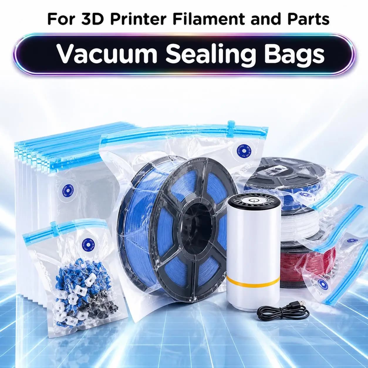3D Printer Filament Vacuum Bag with USB Rechargeable Electric Air Pump, Vacuum Sealing for PLA ABS PETG Filament Storage 3D Part