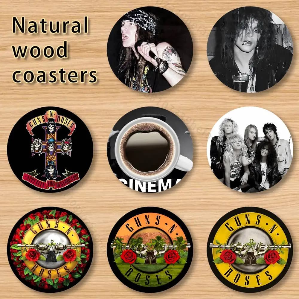 Sottobicchiere Rotondo in Legno G-Guns N R-Roses, 4 Pollici, Resistente al Calore, Antiscivolo, Decorazione per Feste a Tema, Accessori per Foto, Regali