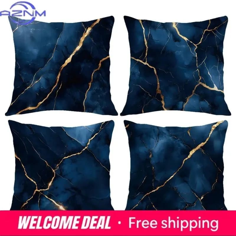 Fodere per cuscini con motivo marmorizzato blu scuro e oro per decorazioni per la casa, adatte per divano, camera da letto, auto
