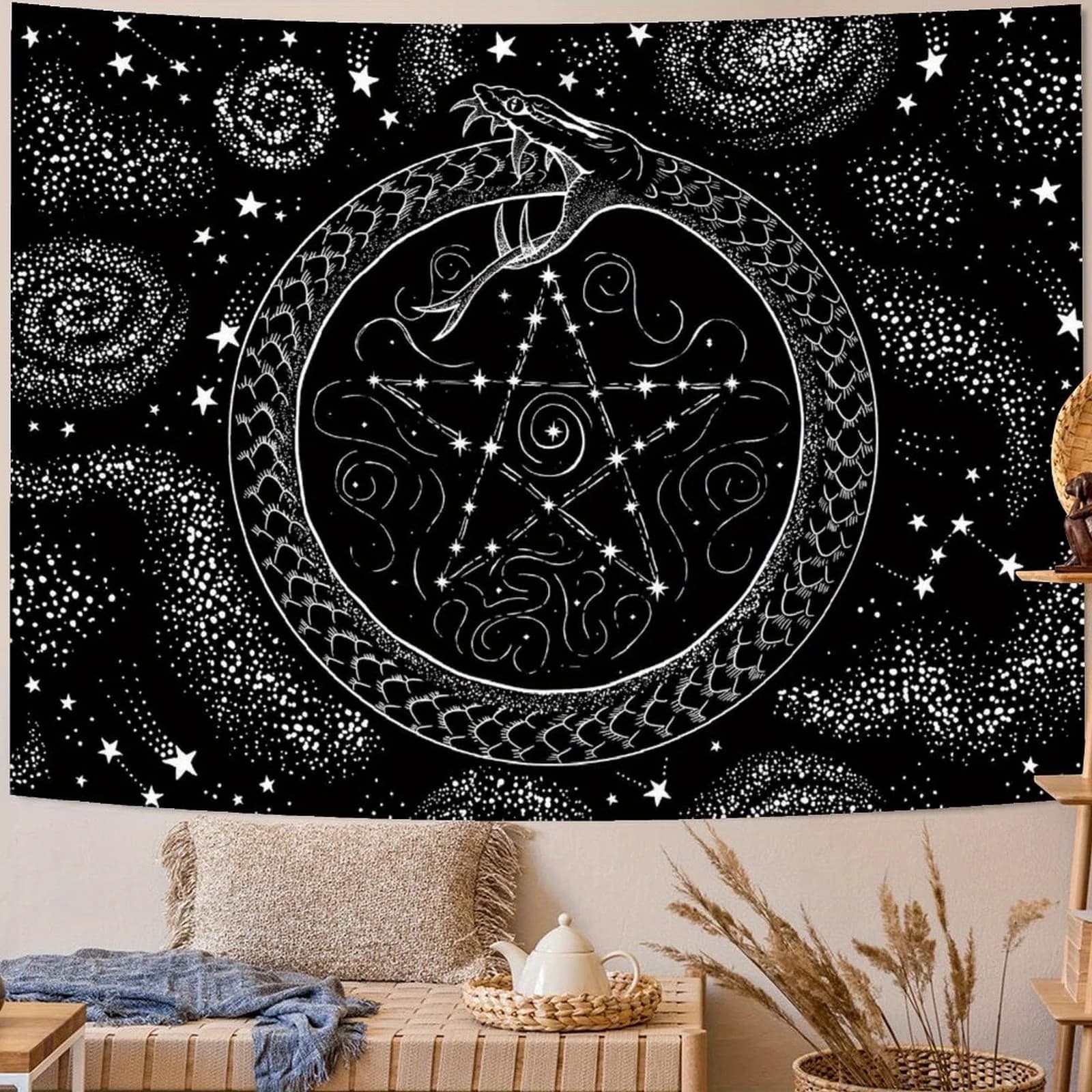 1pc Mandala Moon Phases Wall Tapestry, Black and White Pentagram and Stars, Vintage Polyester Tapestry for Bedroom, Living Room