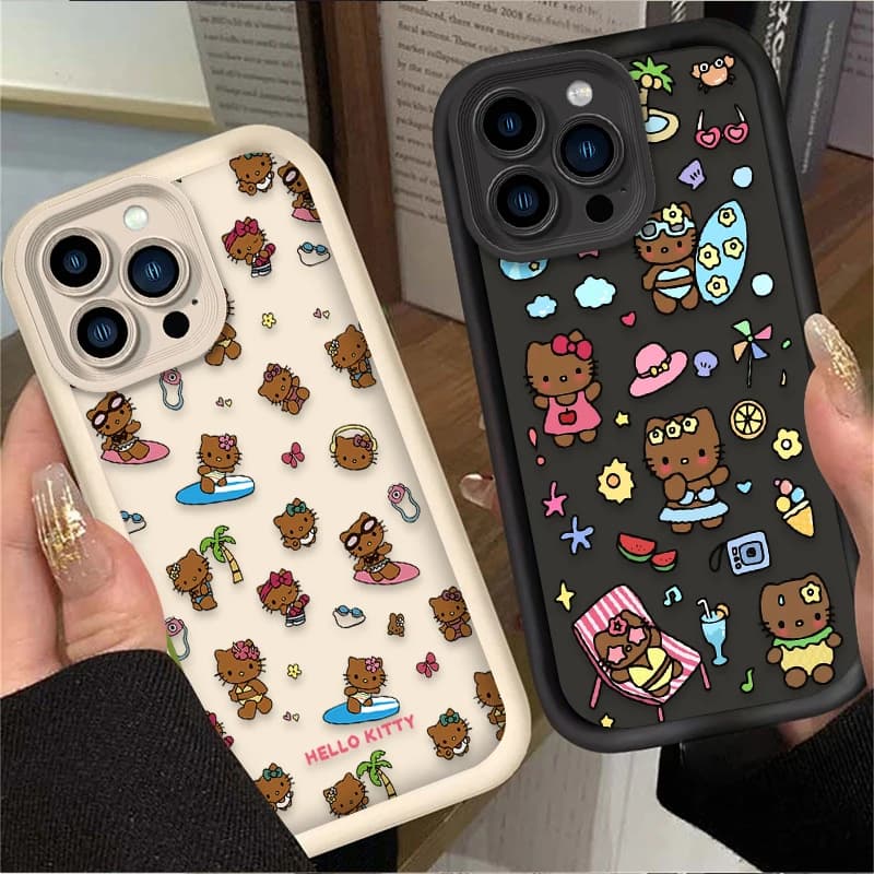Cute Brown Skin Hello Kitty Silicone Phone Case For iPhone 16 16E 15 14 13 12 11 Pro Max X XS X S Max XR SE 2020 SE4 7 8 Cover