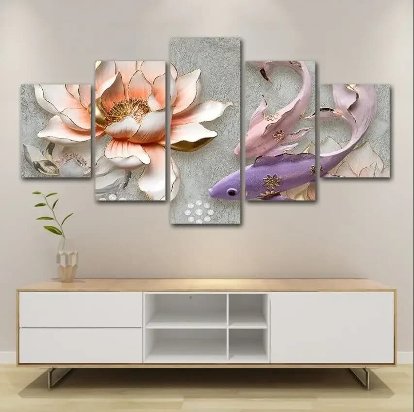 Frameless 5 Pieces Abstract Nordic Gold Lotus Fish Wall Art On Canvas Print Post Decorations For House Paintings Room