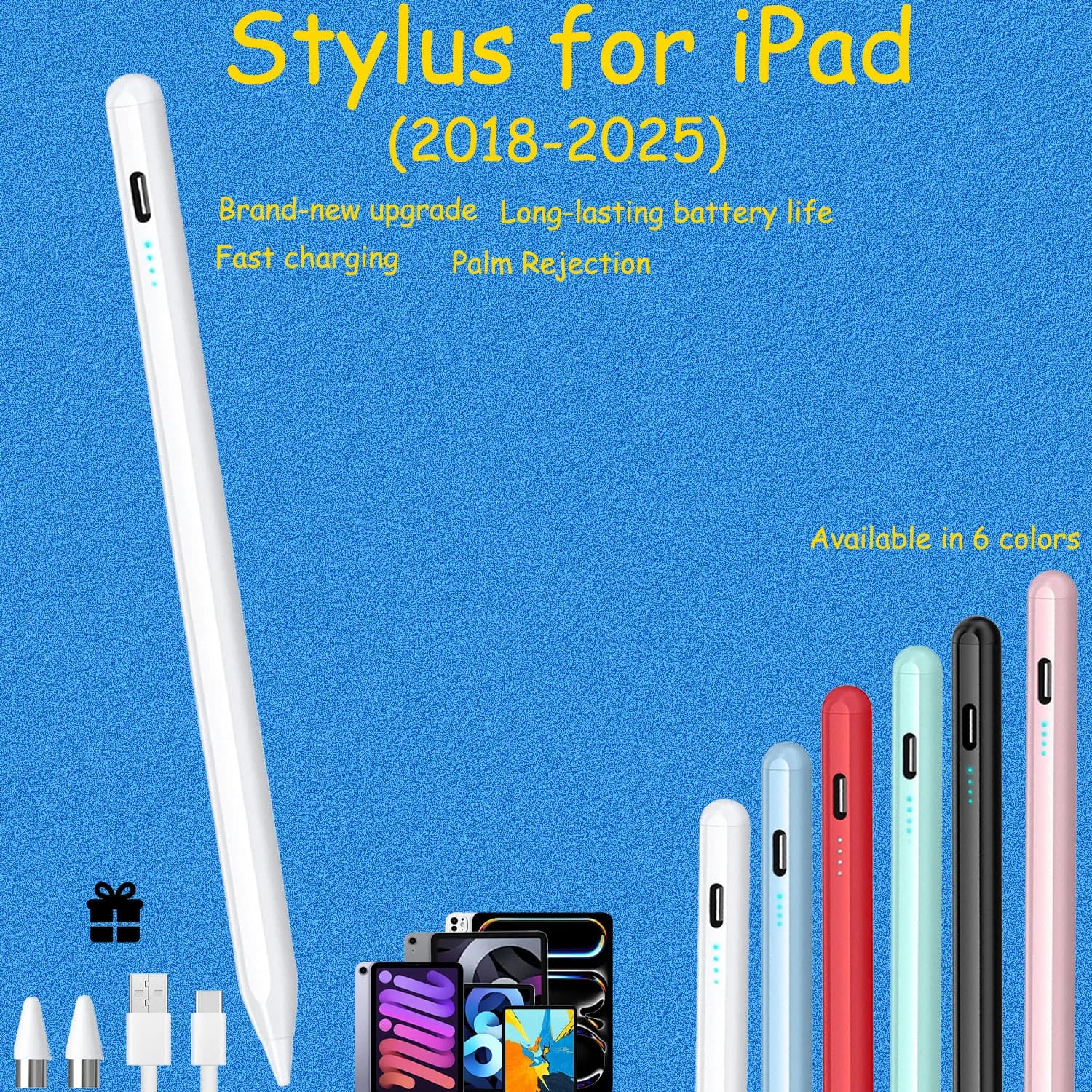 Penna Stylus per iPad Air/Mini/Pro 2018+, Rilevamento del Palmo, Ricarica Rapida, Batteria a Lunga Durata, Adsorbimento Magnetico Laterale, Universale