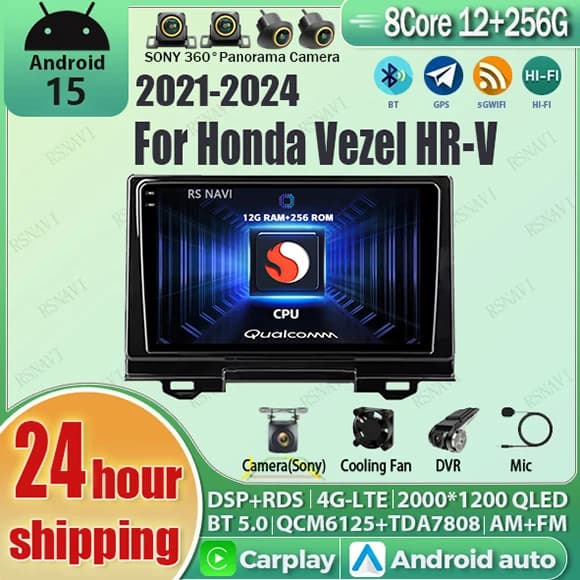 Android 15 Carplay Auto Qualcomm 2K Schermo Lettore Autoradio Per Honda Vezel HR-V HRV 2021-2024 GPS Wifi 4G navigazione Stereo BT