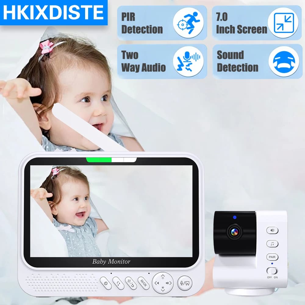 Monitor Video per Bambini da 7.0 Pollici con Telecamera PTZ Pan-Tilt, Audio Bidirezionale Wireless, Visione Notturna, Rilevamento Suono VOX