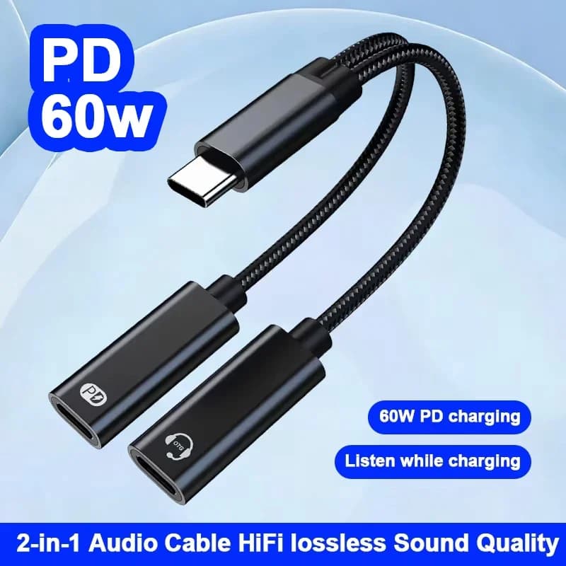 Type C To Dual USB C Male To Female Headphone Adapters PD60W Quick Charging Audio Cables 2-in-1 Multifunction Connectors
