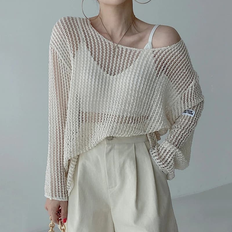 Maglione sottile da donna estivo con scollo a O trasparente a maniche lunghe Lady Streetwear Pullover scavato Maglione ampio a prova di sole