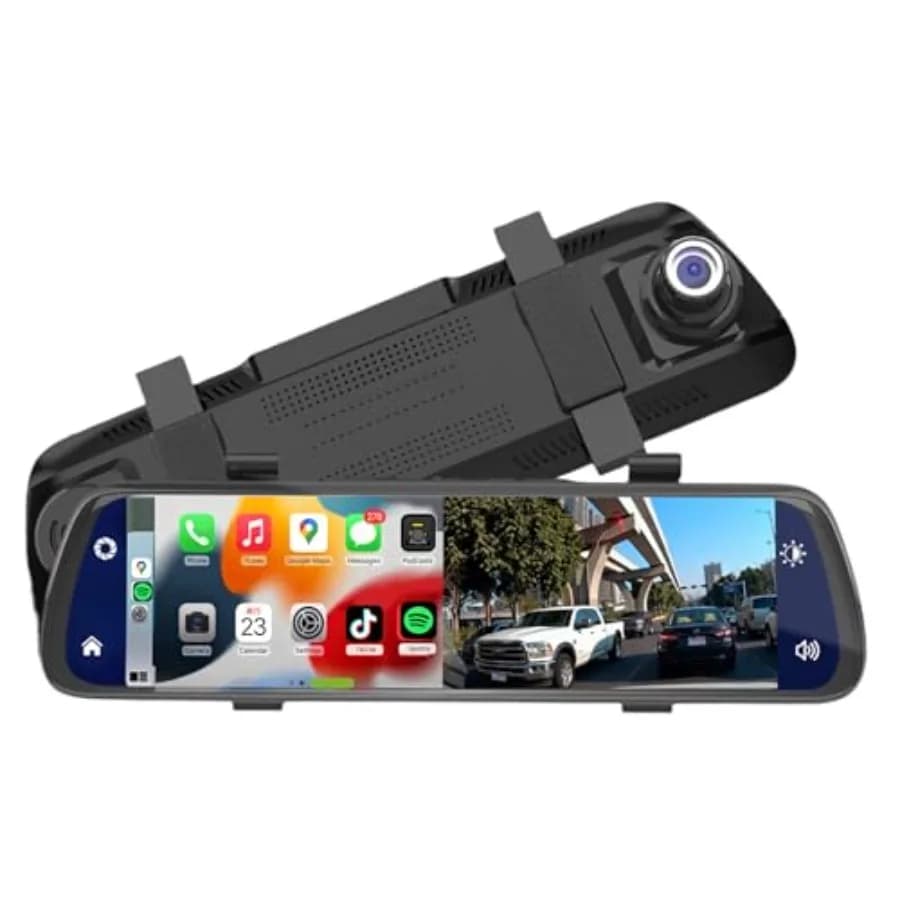 Telecamera per Specchietto Retrovisore Compatibile con CarPlay e Android Auto: Dash Cam Anteriore/Posteriore 2K con Assistenza alla Retromarcia, Registrazione in Loop, Sensore G, Controllo Vocale