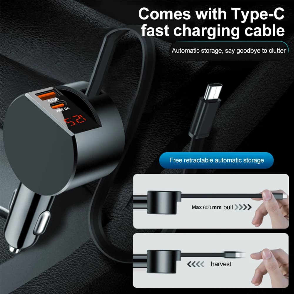 New double retractable cable Pd30W Qc3.0 fast charging 3 doors with voltage display suitable for fast charger for car from 12 V to 24 V