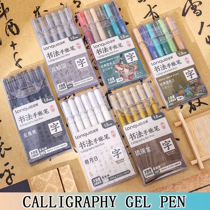 6 Pcs/Set Large Capacity Calligraphy Gel Pen 1.0mm Hard Tip Pens for Journaling Drawing Practice Planner Writing Stationery