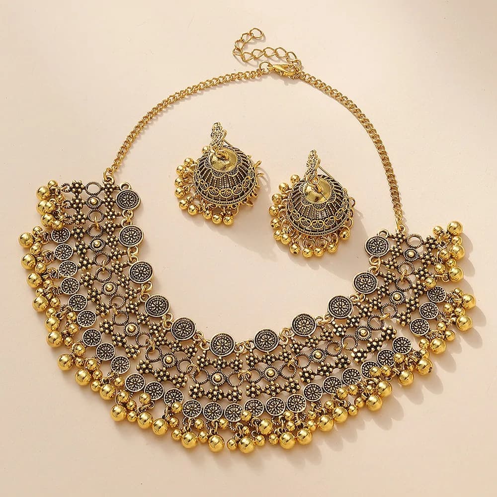 Geometric Earrings Necklaces Jewelry Set Hollow Bohemia Tassel Necklaces Earrings Pendant Ethnic Style Golden Jewelry Women