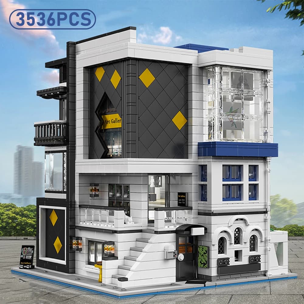Creative City Street Art Gallery Building Blocks Assembly Model with Lights MOC DIY Display Decor Gift Set for Desktop