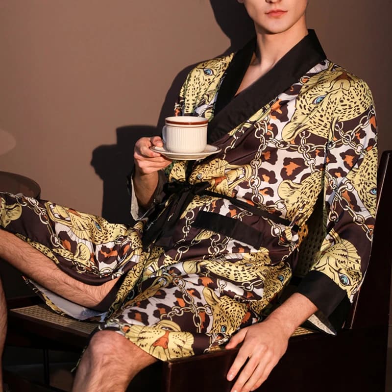 Sexy Men's Kimono with Leopard Head Print, Home Watch, Bathrobe, Yukata, New Summer Spring Collection, Pigiameria, Neigé, Comfortable Time Clothing