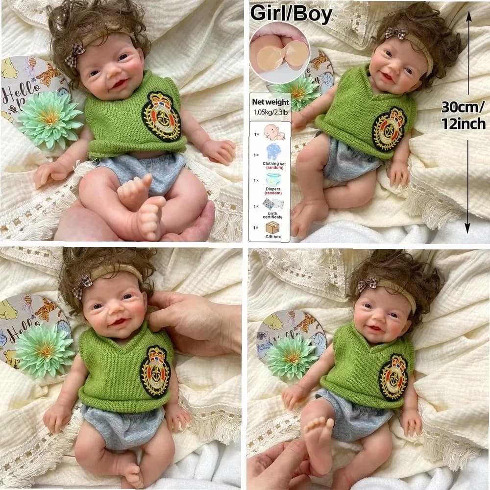 12 Inch Silicone Reborn Baby Doll, Handmade Hair, Realistic Baby Toy