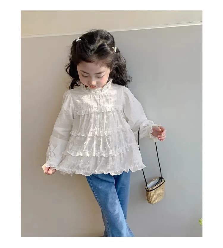 Top da ragazza primavera e autunno nuova collezione camicia da bambola in tinta unita a maniche lunghe in pizzo coreano moda eleganza quotidiana versatile