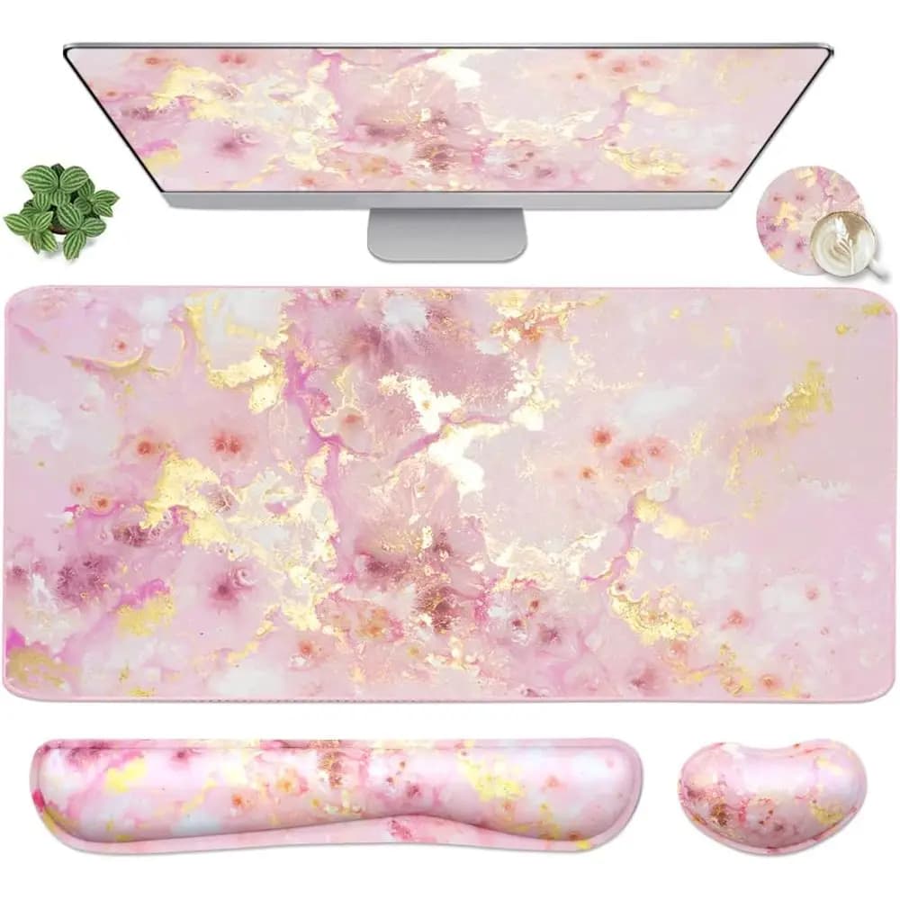 Large 4-in-1 Gaming Mouse Pad with Wrist Rest - Pink Gold Marble Desk Mat for Home Office & Gaming
