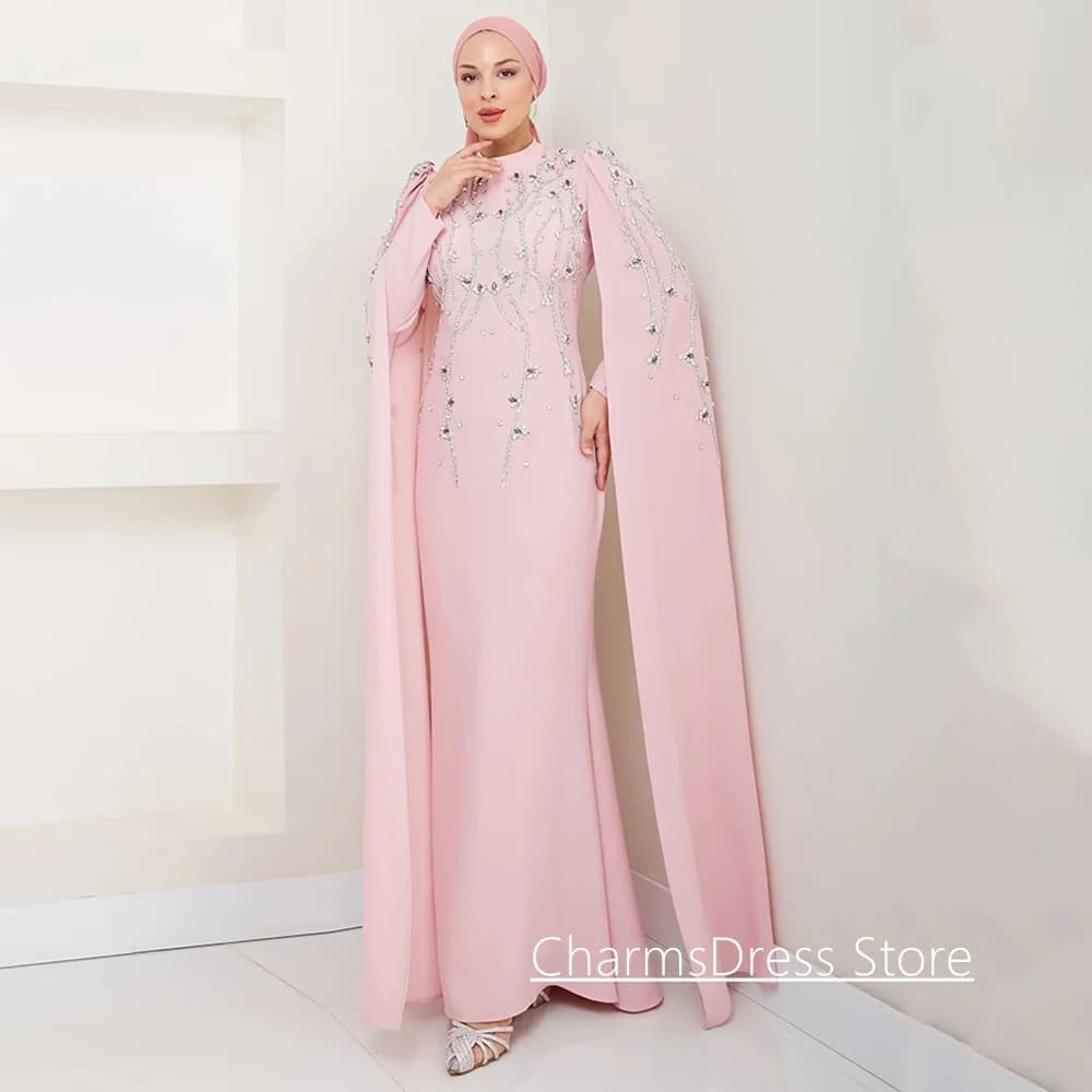 Abito da sera islamico personalizzato collo alto maniche lunghe mantello perline di cristallo abito da ballo formale abiti da festa di nozze